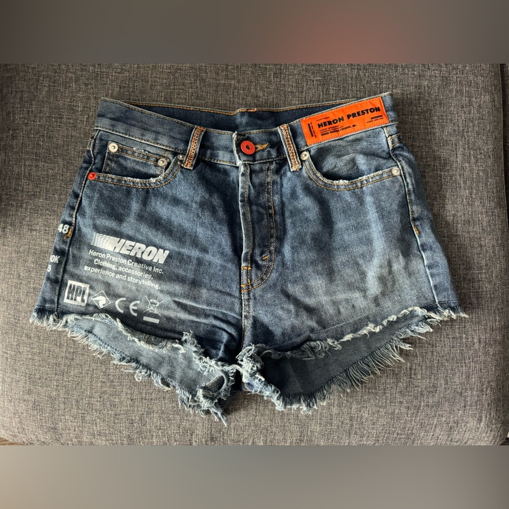Heron Preston Code 8000 Logo Printed Denim Shorts